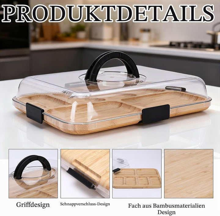 Charcuterie Board mit Deckel – Tragbares Snackbrett mit 6 Fächern &amp; Transparentem Deckel – Reversibl
