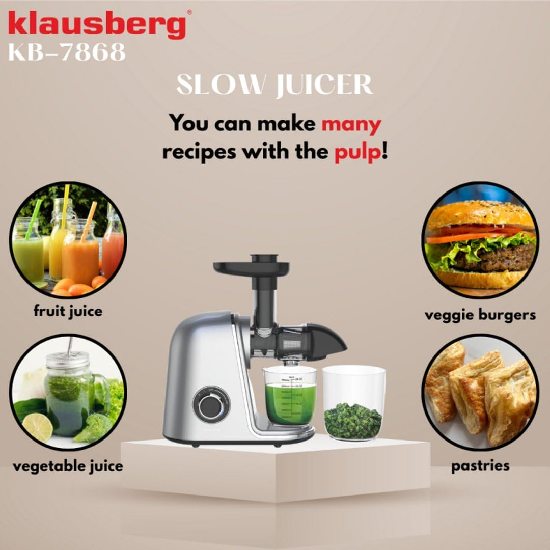 Klausberg KB-7868 Langsamer Entsafter Grau Cold Press mit 7-Stufen-Presssystem, BPA-freiem Kunststof