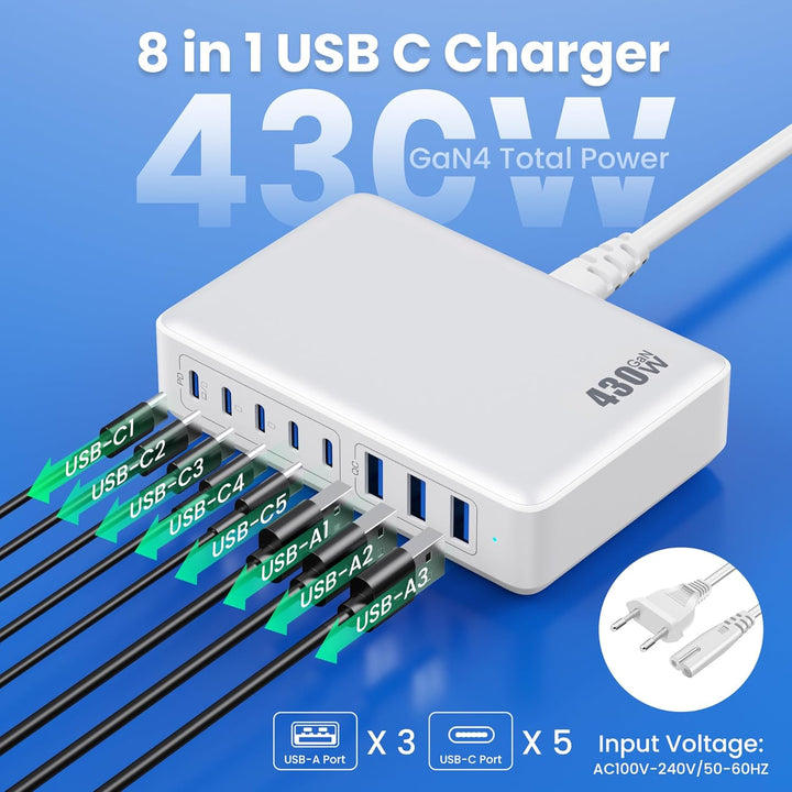 Feob 430W USB C Ladegerät Mehrfach, 8 Ports GAN IV Schnellladegerät PD 100W Ladestation Charger Stat