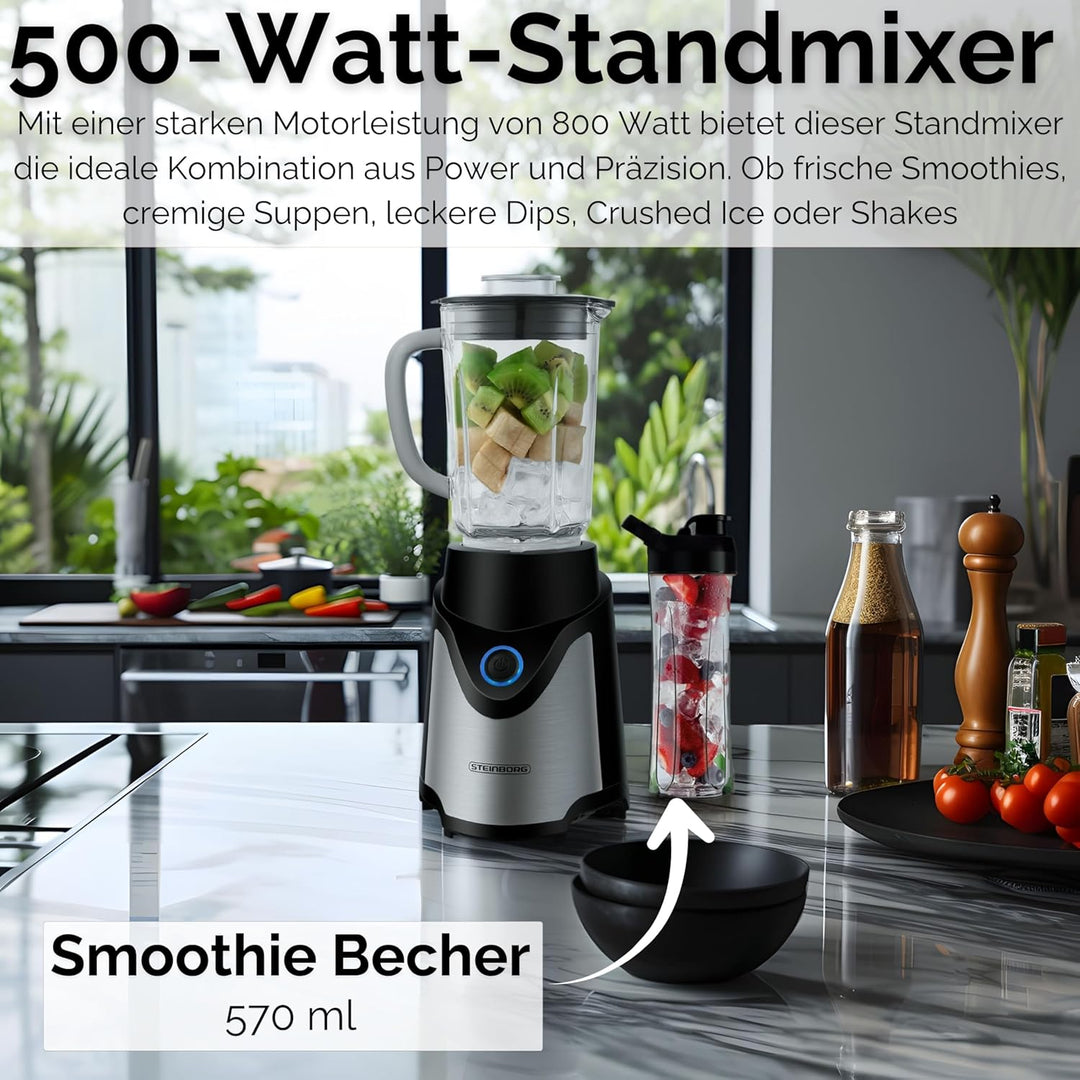 Steinborg® Standmixer mit To-Go Becher Mixer Smoothie Maker 500 Watt 600 ml Glaskrug + 570 ml To-Go