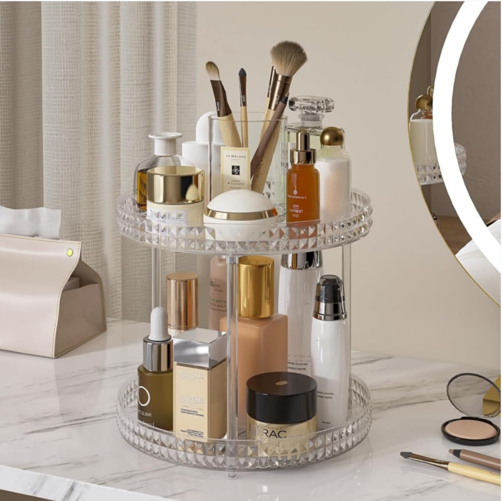 ROWNYEON Make up Organizer, Kosmetik Organizer 360° Drehbar Hautpflege 2 Lagen Skincare Parfüm Badez
