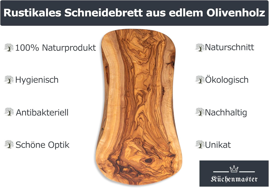 Olivenholz Schneidebrett 38 cm im Naturschnitt, Holz Küchenbrett Cutting Board 38L x 20B cm, 38L x 2