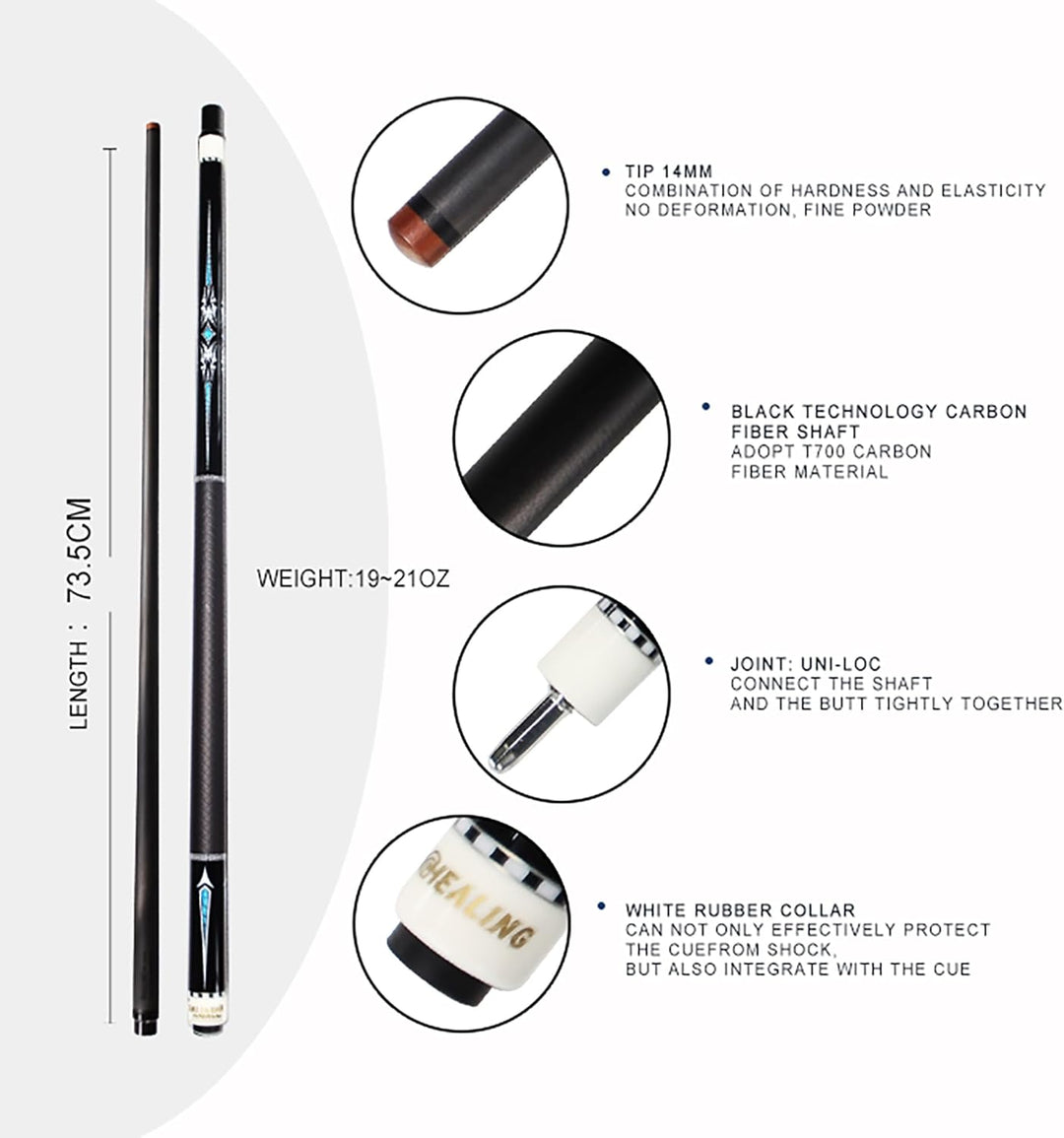 OKHEALING T700 Billardqueue aus Kohlefaser, 14 mm Phenolspitze, schwarze Phenolzwinge, 1/2 Gelenk, h