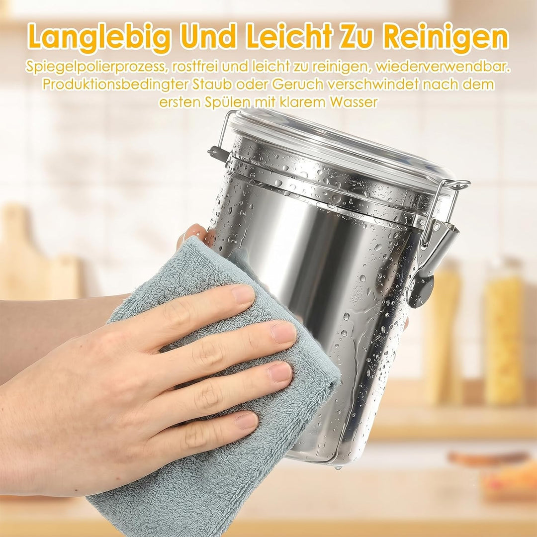4er Set Edelstahl Kaffeebohnen Behälter mit Deckel für Küche | Kaffeedose luftdicht für 500g/1kg Boh