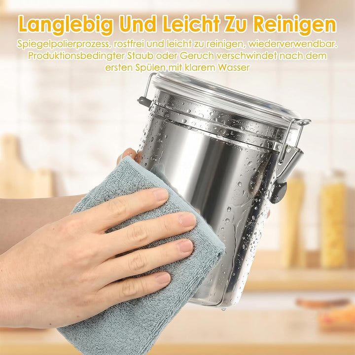4er Set Edelstahl Kaffeebohnen Behälter mit Deckel für Küche | Kaffeedose luftdicht für 500g/1kg Boh