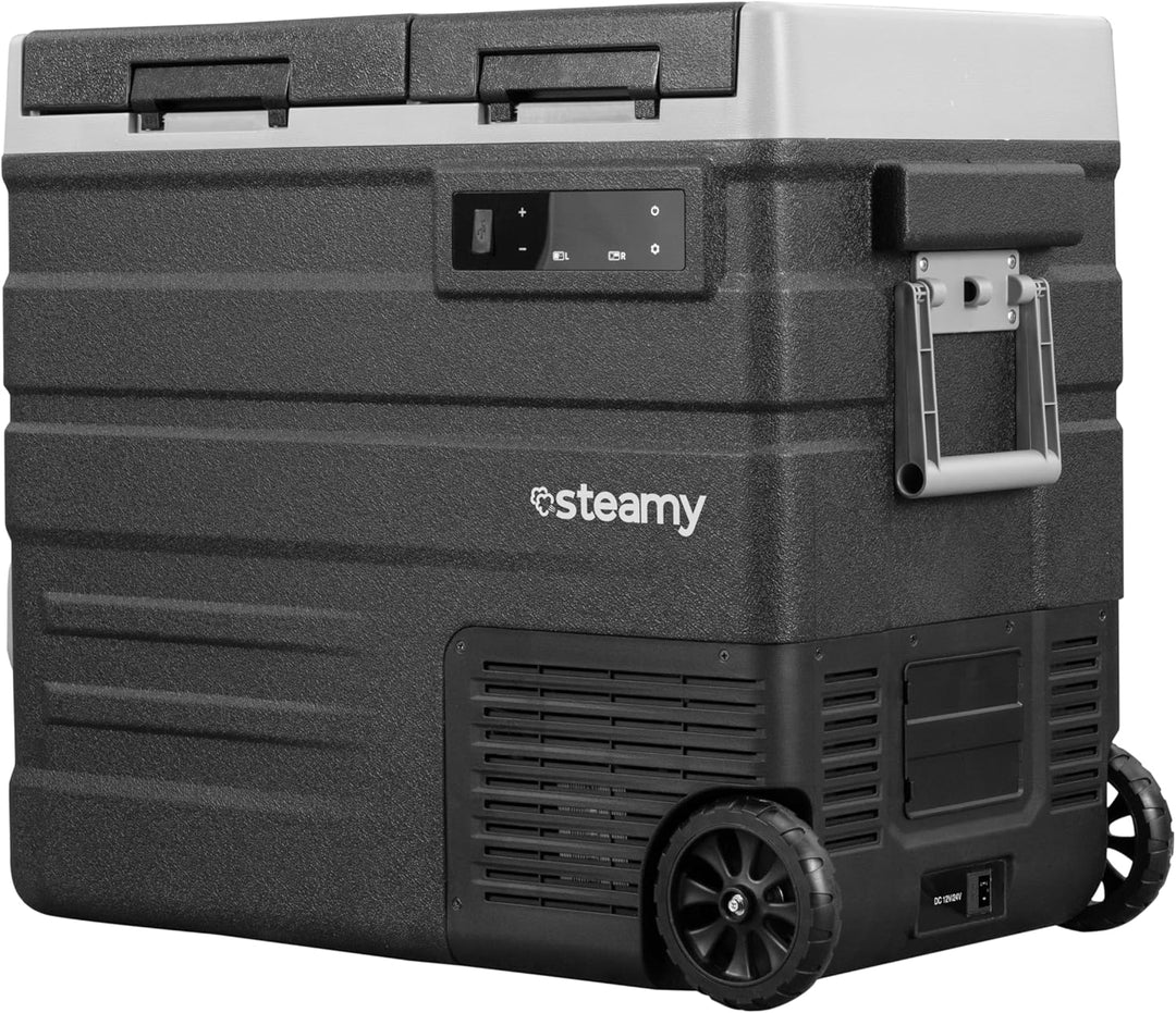 Steamy-E Dual Zone 65 Roller, Elektrische Kompressor Kühlbox mit Rollen, 57 Liter, 12V/ 230V, zum Wa