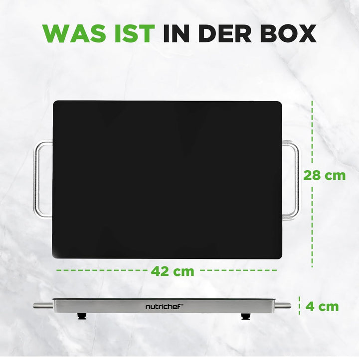 NutriChef Warmhalteplatte Elektrisch – 41,9 x 27,9 cm Glas-Kochplatte mit Griffen für Speisen, Für B