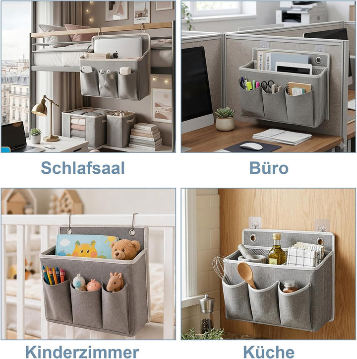 ZYNERY 3 Stück Hängeorganizer Grau mit 3 Taschen, Hängeorganizer Camping, 6 Selbstklebehaken + 6 Nor
