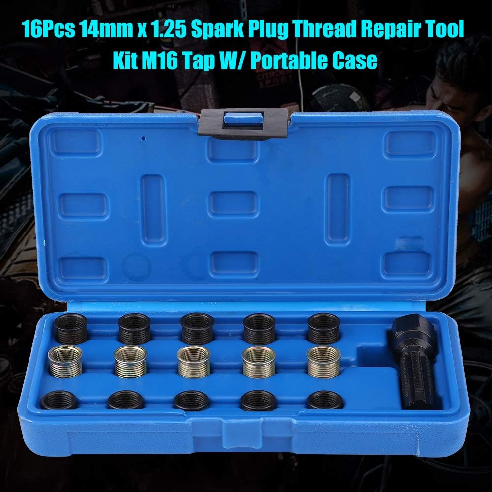 Reminnbor 16 Stück 14 mm x 1,25 M16 Zündkerzengewindereparaturwerkzeugsatz mit tragbarem Koffer
