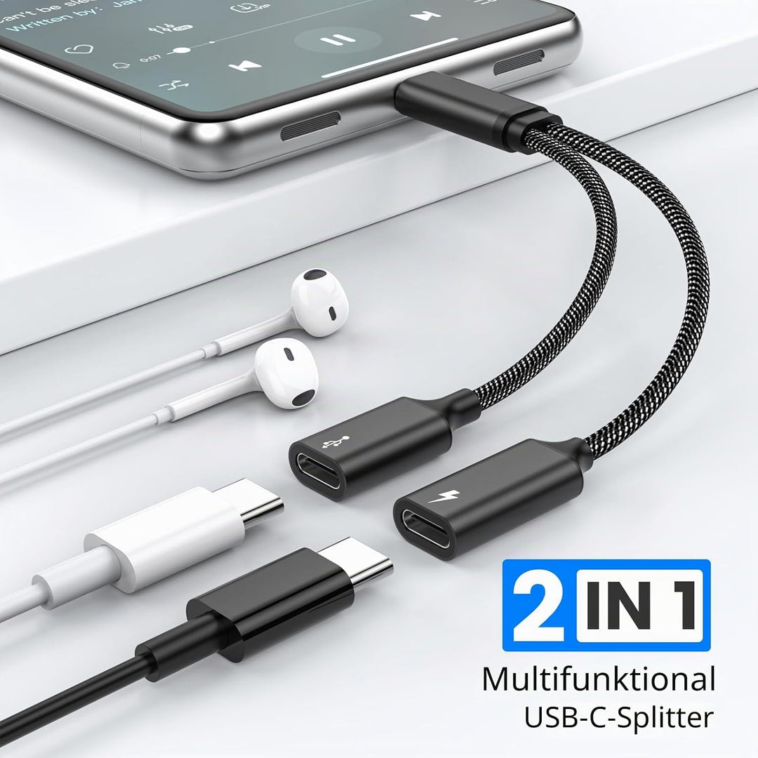 MOGOOD USB-C Splitter 1 auf 2,60W PD,480Mbps, Dual USB-C,2er Set schwarz | Nylon Kabel, kompatibel m