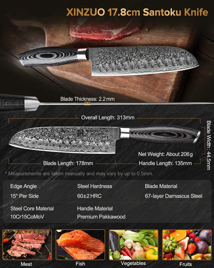 XINZUO 17,8cm Damaststahl Santokumesser, Profi Damastmesser Kochmesser Damaskus Chefmesser, Scharfe