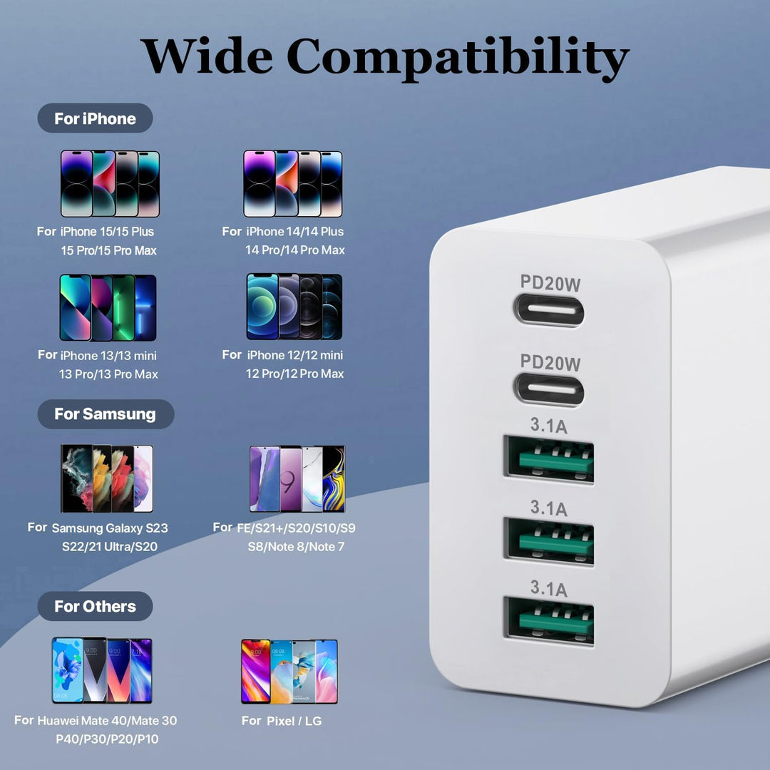 3er Pack USB C Ladegerät 50W, 5 Ports Mehrfach USB Stecker mit【2 USBC+3 USBA】, 50W Netzteil Wand-Lad