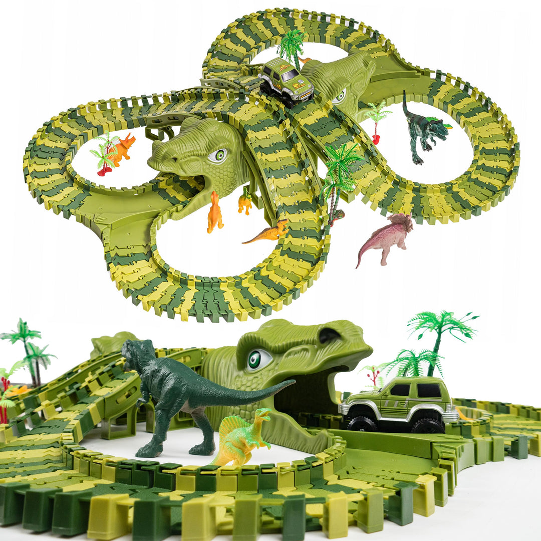 CELMAN Dinosaurier Spielzeug - Flexibles Rennbahn mit viele Teilen und Geländewagen, Autorennbahn Sp