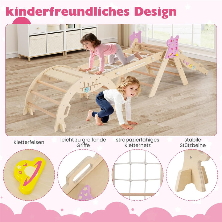 GOPLUS 9-in-1 Klettergerüst Indoor, Kletterdreieck Holz, 4er Set Kletterspielzeug mit Kletternetz, K