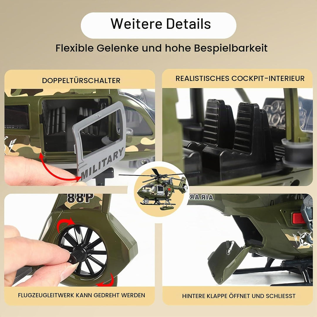 Grünes Militärspielzeug mit grossem Hubschrauber, Armeespielzeug mit Lichtern und Geräuschen, Geburt
