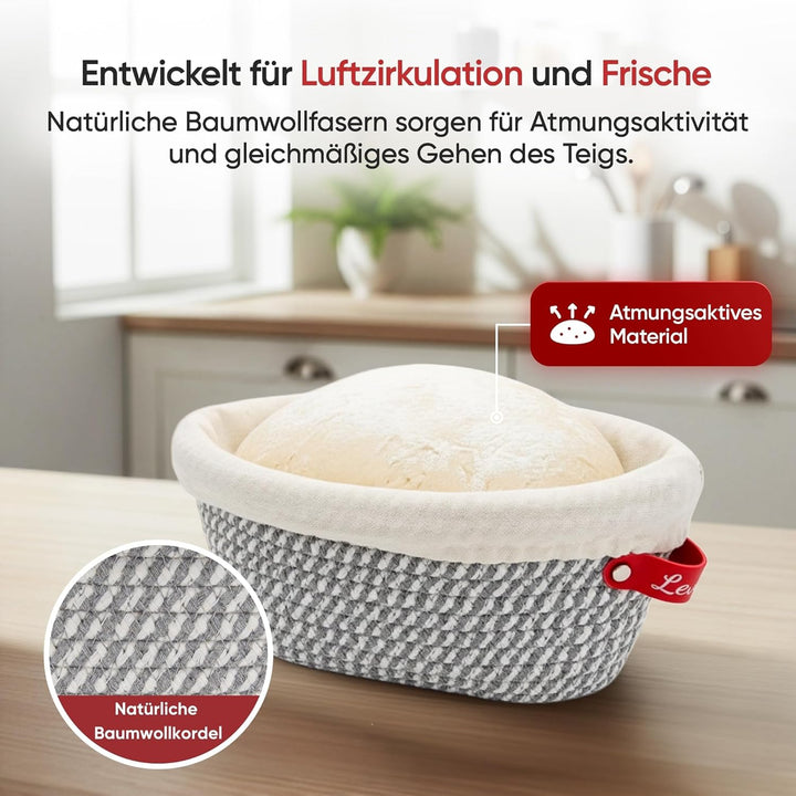 Gärkörbchen & Gärkorb Set Oval und Rund aus Baumwollseil – Banneton Brotbackkorb mit Einlagen und Ab