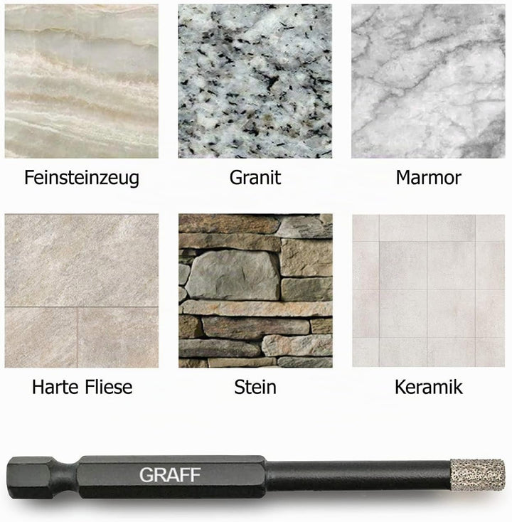 GRAFF Diamantbohrer Fliesenbohrer Set 6 I 8 I 10 mm für Fliesen Glas Кeramik Granit Stein - Feinstei