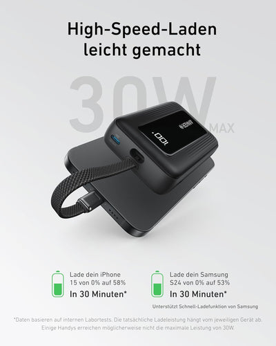 Anker Zolo Powerbank, 10.000mAh 30W High-Speed portables Ladegerät mit integriertem USB-C Kabel, Sch