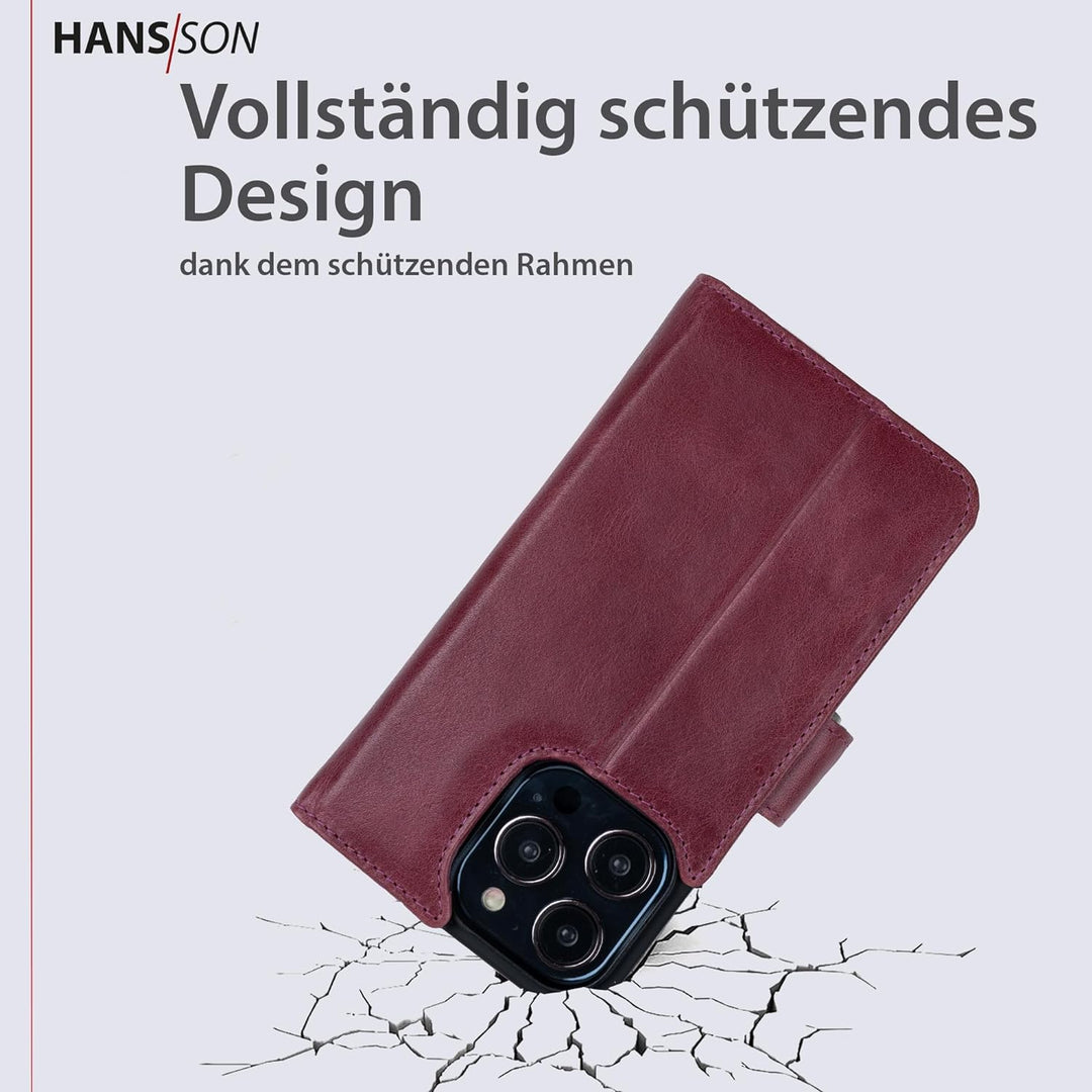 HANS/SON Klappbare Echtlederhülle in Magenta | iPhone 14 Pro Max Ledercase mit Kartenfächern | Leder