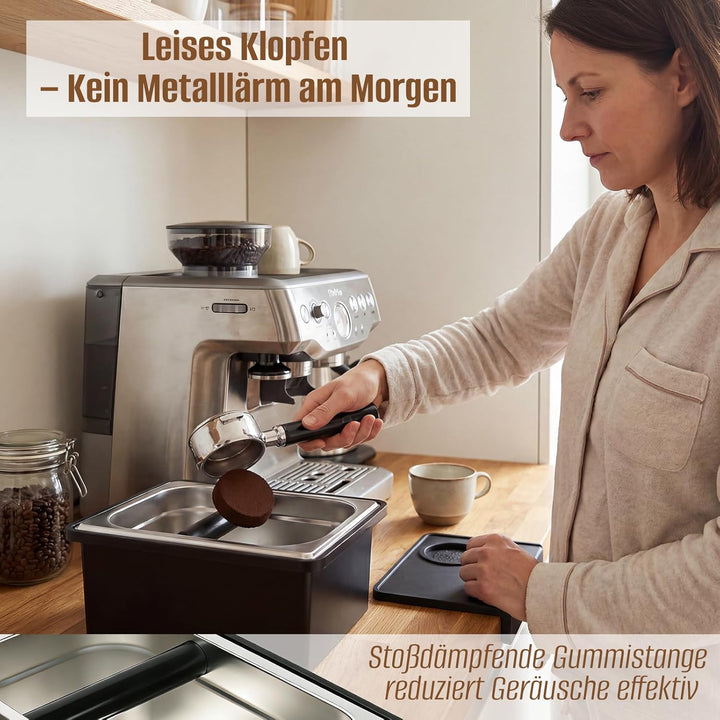 Abklopfbehälter für Siebträger, Espresso Klopfbox Edelstahl, Abschlagbox Knock Box mit stossdämpfend