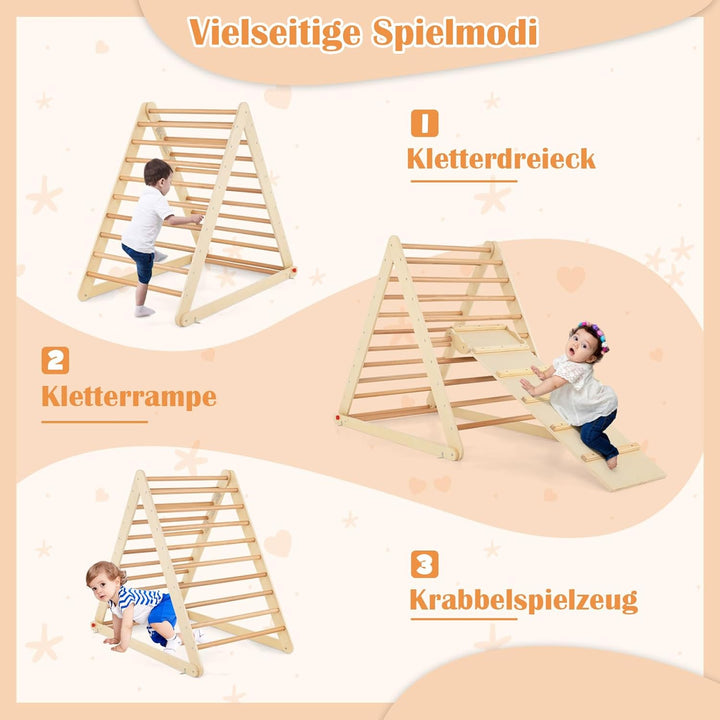 DREAMADE Kletterdreieck mit Rampe, klappbar Kletterspielzeug Holzdreieck aus Massivholz, Indoor Klet