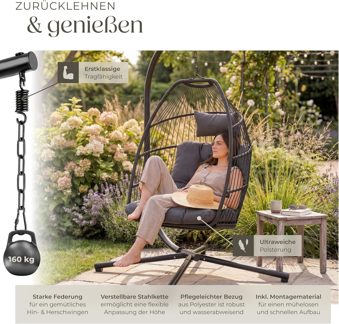 tectake® Hängesessel mit Gestell, Dicke Kissen, Möbel, Deko für Wohnzimmer, Jugendzimmer, Balkon, Ou