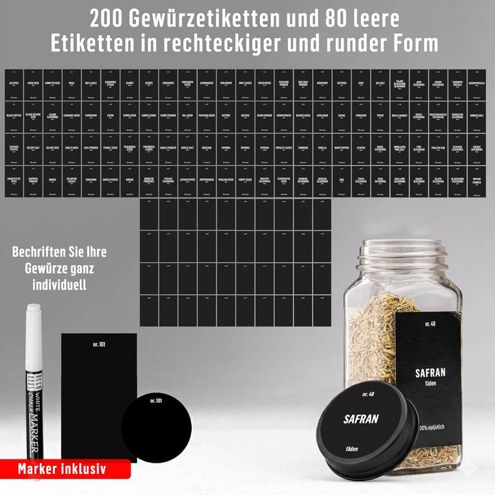 Deco haus® Gewürzgläser Eckig mit Gewürzetiketten Gewürzgläser mit Streueinsatz 36er Set - Gewürzdos