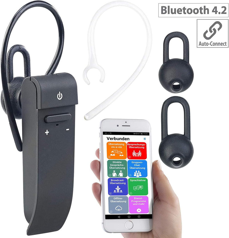 Callstel Sprachübersetzer: 2in1-Live-Übersetzer und In-Ear-Mono-Headset, kabellos, Bluetooth, App (T