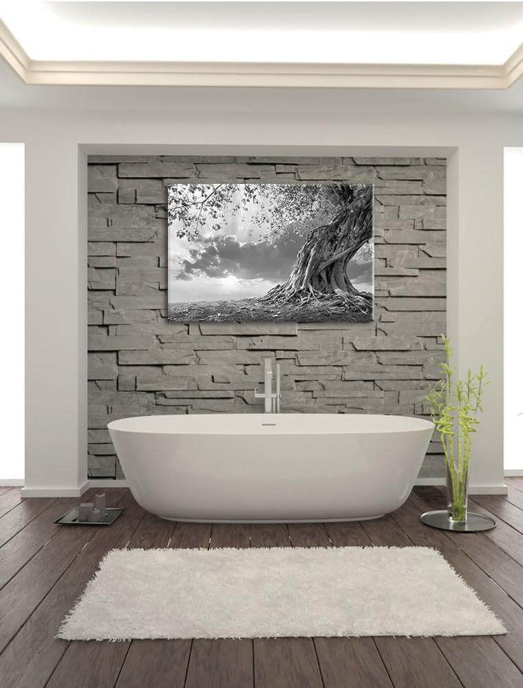 Pixxprint Verwurzelter starker Baum im Sonnenuntergang Kunst B&W, Format: 100x70 auf Leinwand, 100x7