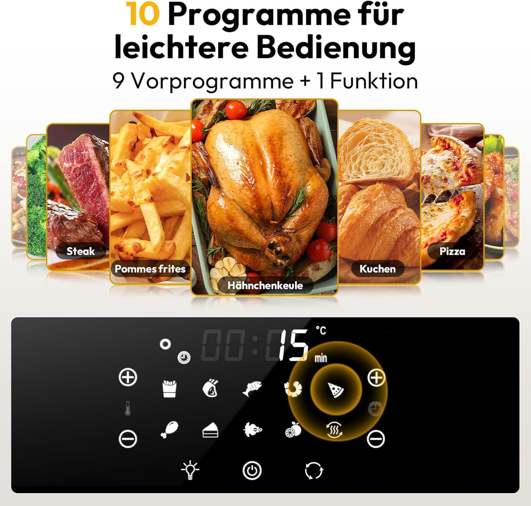 LLIVEKIT 15L Heissluftfritteuse, Heissluft-Backofen 90% weniger Öl, Air Fryer XXL 1800W, 10 in 1 Min