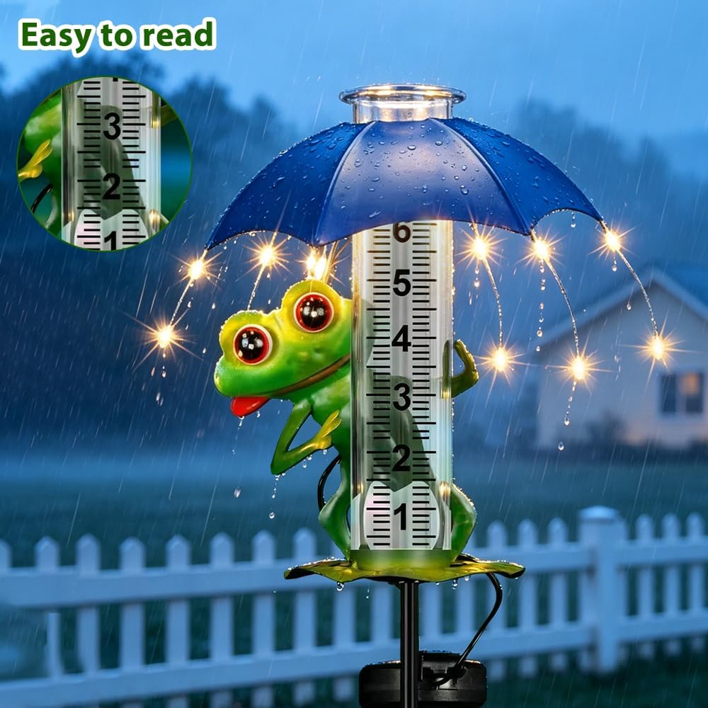 7-Zoll Regenmesser, Niederschlagsmesser mit Erdspiess und Solar-LED-Leuchten, Frosch Regenmesser Fro