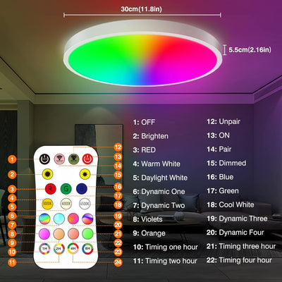 Woukksy LED Deckenleuchte Dimmbar 24W Deckenlampe mit Fernbedienung oder APP-Steuerung, RGB Ultradün