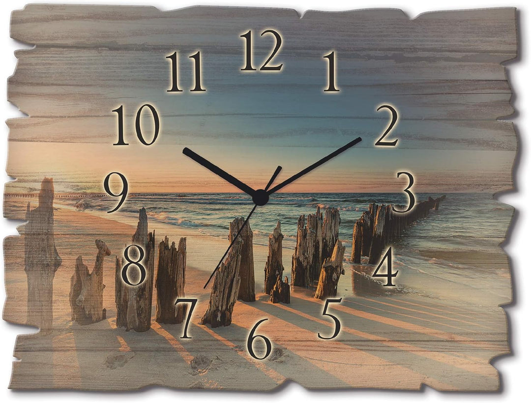 ARTLAND Wanduhr ohne Tickgeräusche aus Holz Funk Uhr lautlos 40x30 cm Rechteckig Strand Meer Ostsee
