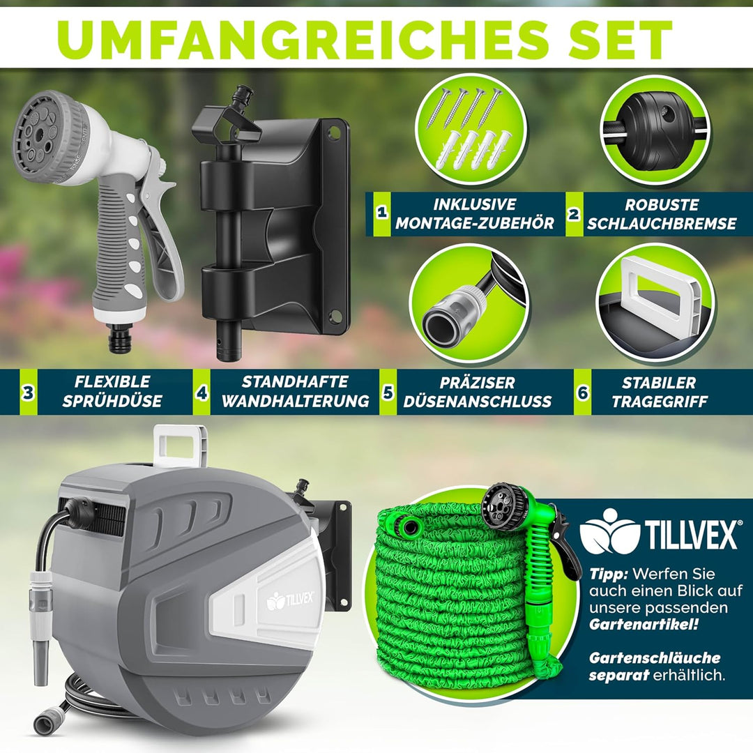 tillvex Schlauchtrommel Wasser mit Wandhalterung + Tragegriff | Schlauchaufroller mit Handbrause und