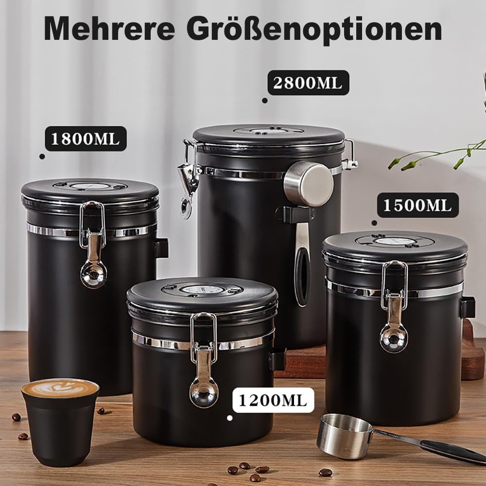 Kaffeedose Luftdicht 1,8L,Kaffeedose Luftdicht 1kg Bohnen,Kaffeebohnen Behälter aus Edelstahl mit Lö