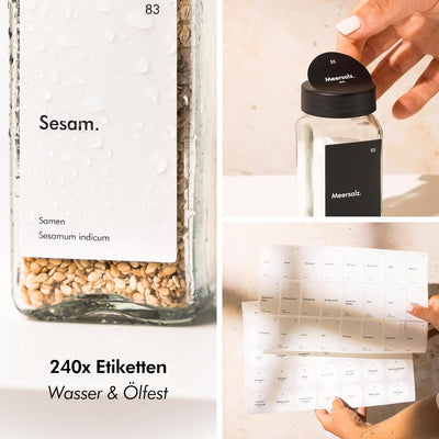 KIVY Gewürzgläser mit Streueinsatz [24x 120ml] + 240 Wasserfeste Label - Gewürzgläser eckig - Gewürz