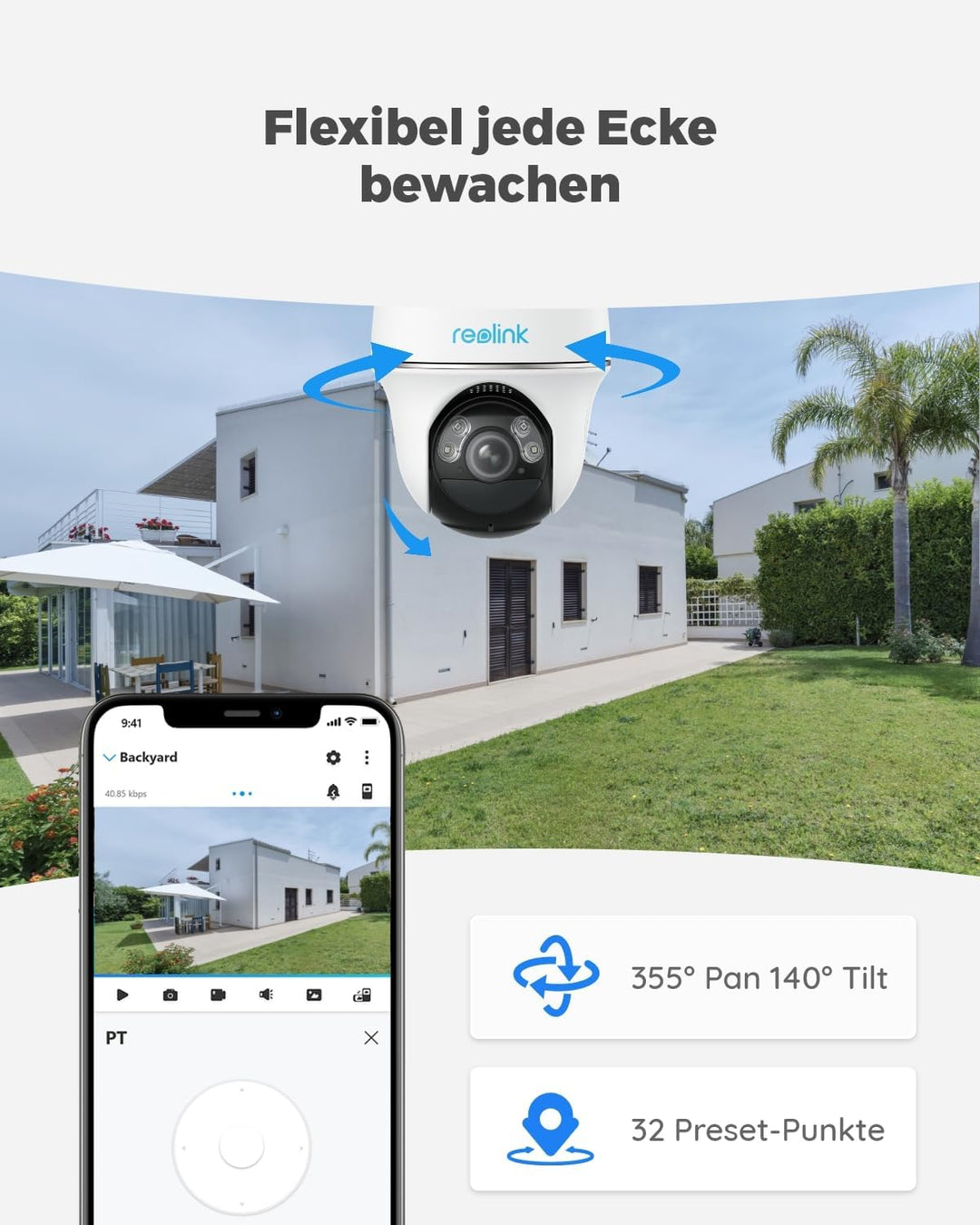 Reolink 2K PTZ Solar Überwachungskamera Aussen Akku, Personen-/Autoerkennung, 355°/140° Pan Tilt WLA