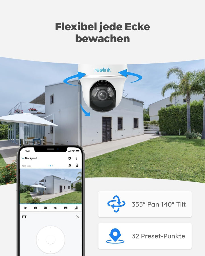 Reolink 2K PTZ Solar Überwachungskamera Aussen Akku, Personen-/Autoerkennung, 355°/140° Pan Tilt WLA