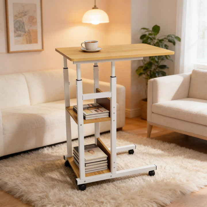 MYKAGS C-förmig Verstellbarer Couchettisch mit verschliessbaren Rollen und 2 Aufbewahrungsregalen, T