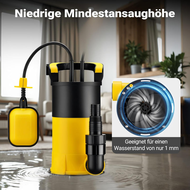 Wiltec Tauchpumpe mit Schwimmer 900 W, flachabsaugende Pumpe bis 1 mm, Tiefbrunnenpumpe 9 m Förderhö