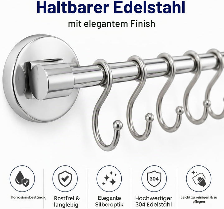 Küchenhakenleiste mit 12 Haken S, Saugnapfmontage, Wandorganizer OHNE BOHREN, Traglast 10 kg, für Tö