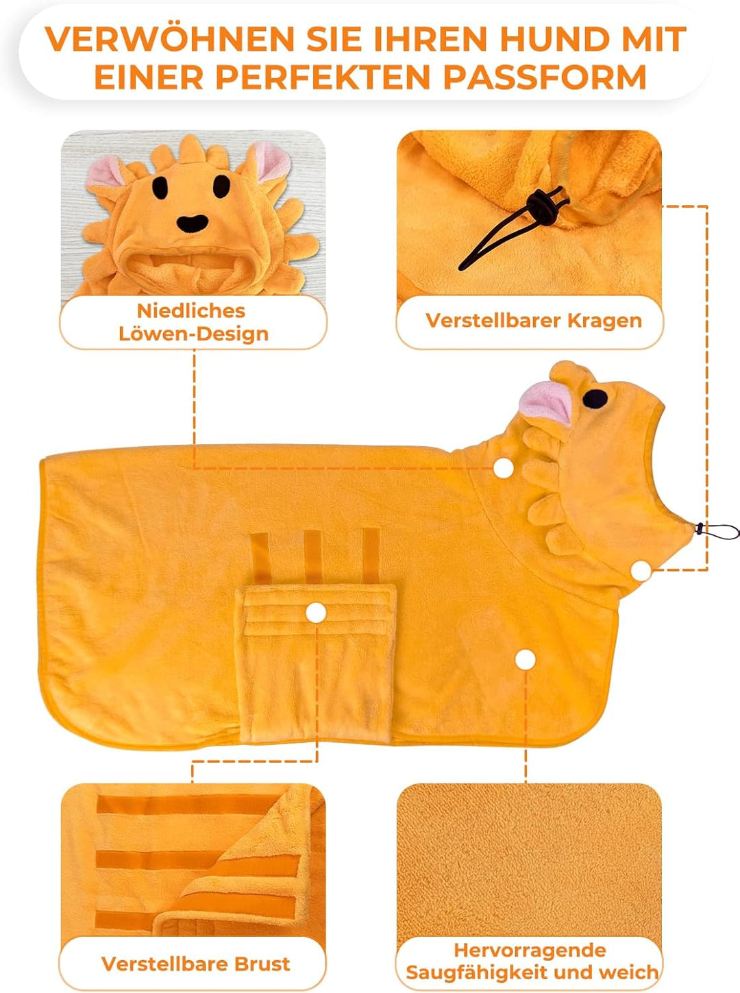 Bademantel für Hunde, Hundebademantel Aus Mikrofaser, Verstellbares Halsband Mit Klettverschluss Sch