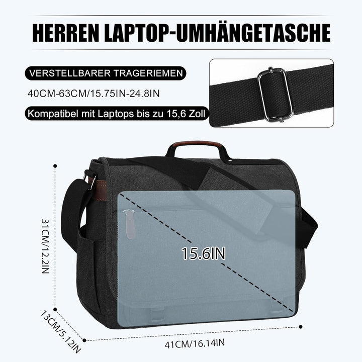 Eshow Umhängetasche Herren Wasserabweisend, Laptoptasche 15,6 Zoll aus Echtleder und Canvas, Messeng