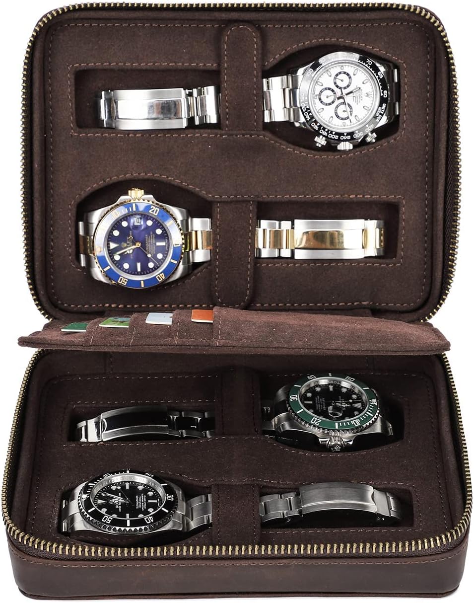 Hiram Multifunktionales Uhrenetui für 4 Uhren, tragbar, echtes Leder, Uhren-Organizer-Box für Damen
