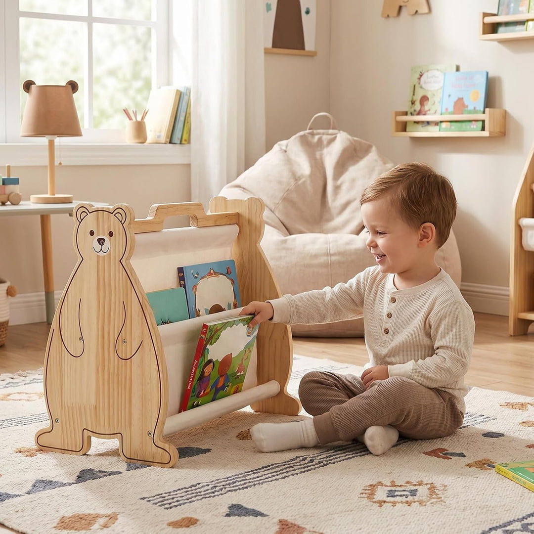 Montessori Bücherregal Kinder, Doppelseitiges Holzregal mit Tragegriff | Tragbares Holz Montessori B