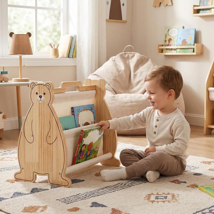 Montessori Bücherregal Kinder, Doppelseitiges Holzregal mit Tragegriff | Tragbares Holz Montessori B
