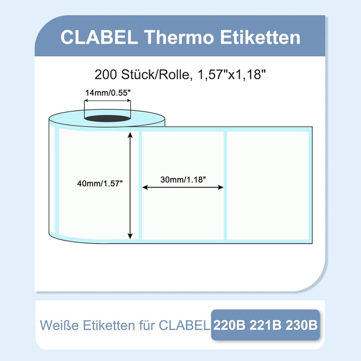 CLABEL 6 Rollen Weiss Etikettenband für 220B 221B 230B 320B Etikettendrucker selbstklebend Thermo Et