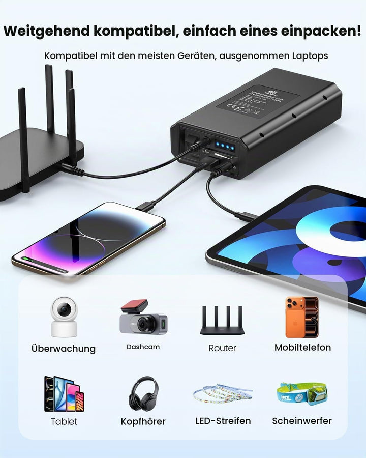 12V Powerbank 6000mAh Tragbar LiFePO4 Powerbank mit Ladegerät, DC Ausgang mit USB-A, DC 12V Und 9V H