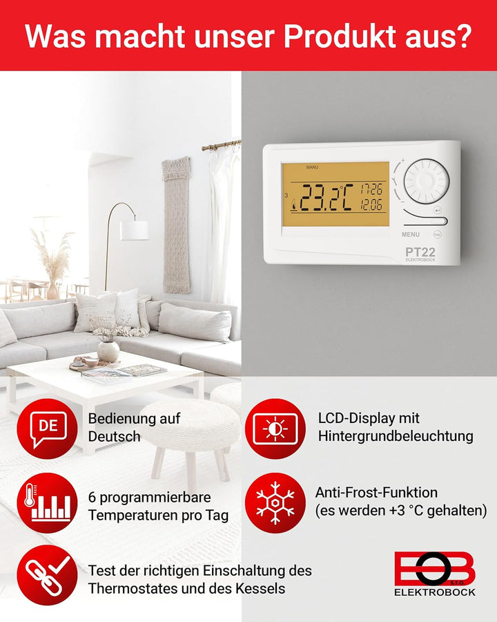 Elektrobock Digitaler Raumthermostat, PT22, 15,5x11x4 cm