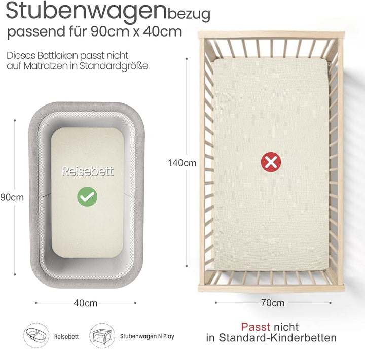 lulumoon Musselin Stubenwagen Spannbettlaken 2er-Set: Kinderwagen Matratzenbezug für Beistellbett un